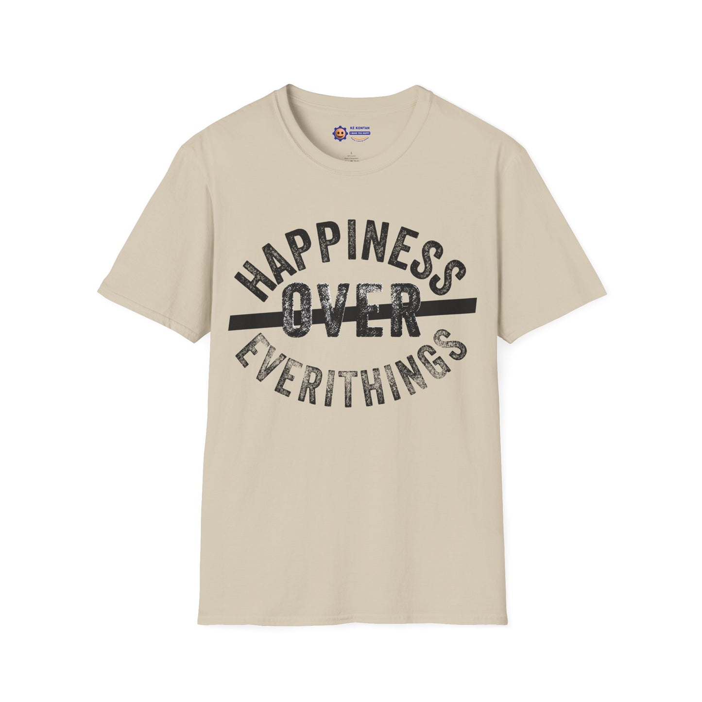 Beige t-shirt with 'Happiness Over Everithings' text on a white background