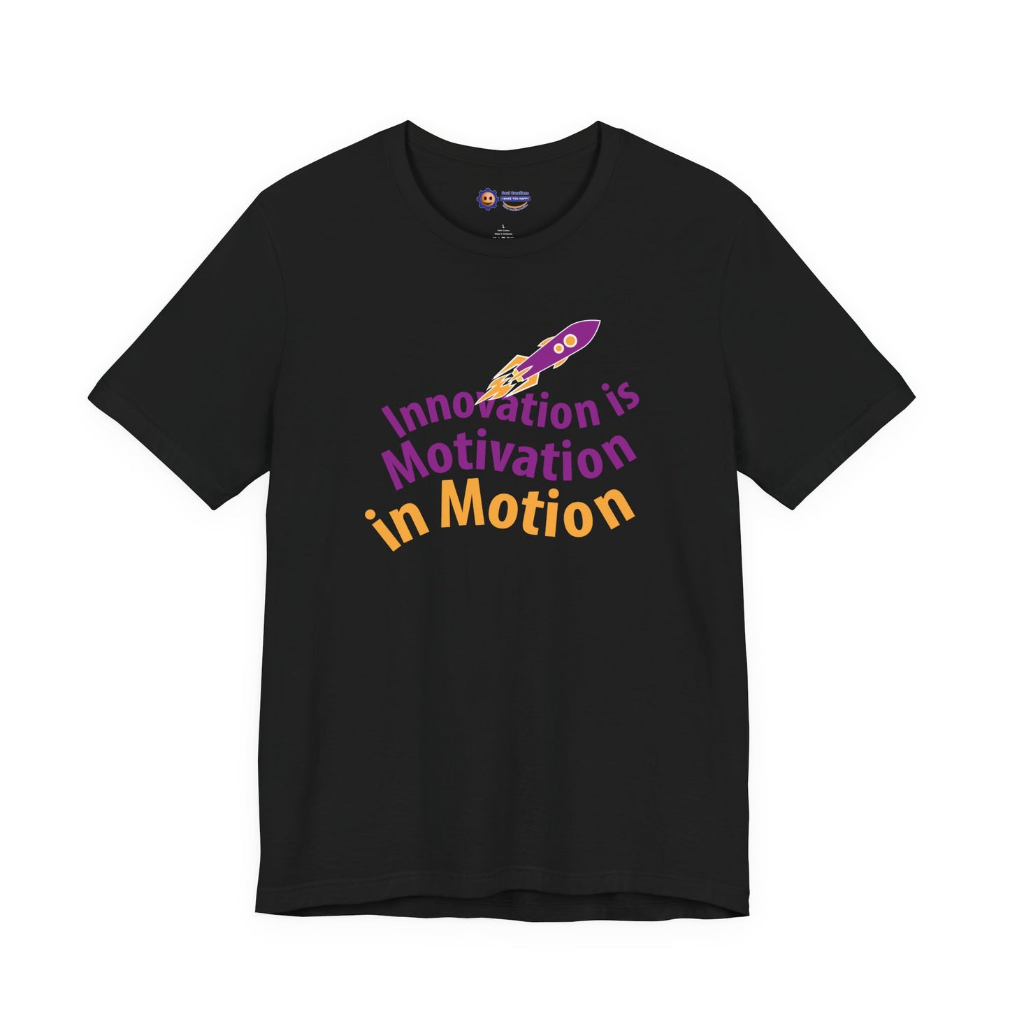Black t-shirt with 'Innovation is Motivation in Motion' text and rocket graphic on a white background