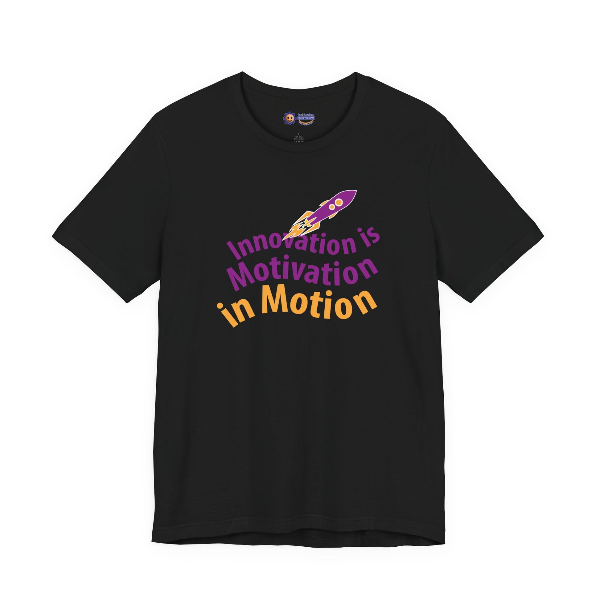 Black t-shirt with 'Innovation is Motivation in Motion' text and rocket graphic on a white background