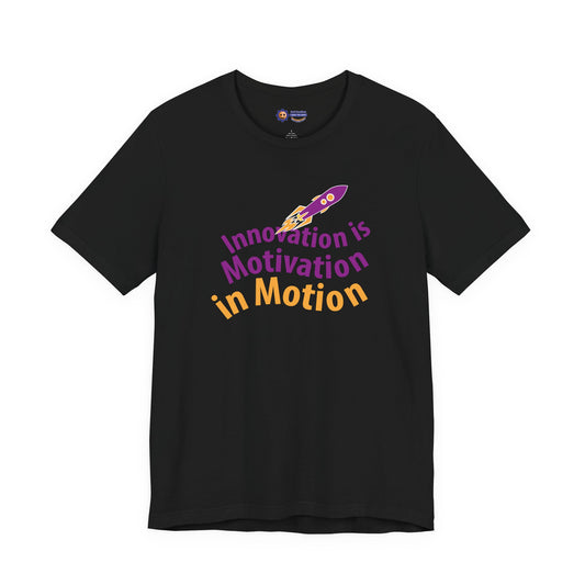 Black t-shirt with 'Innovation is Motivation in Motion' text and rocket graphic on a white background