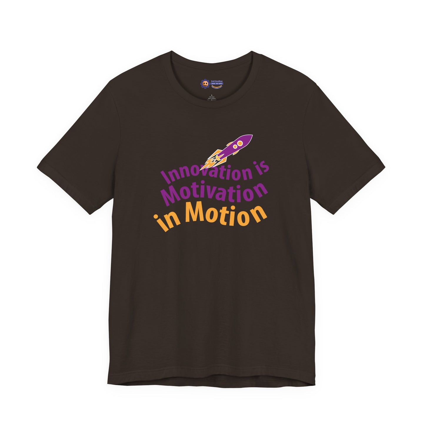 Brown t-shirt with a purple rocket and text 'Innovation is Motivation in Motion' on a white background