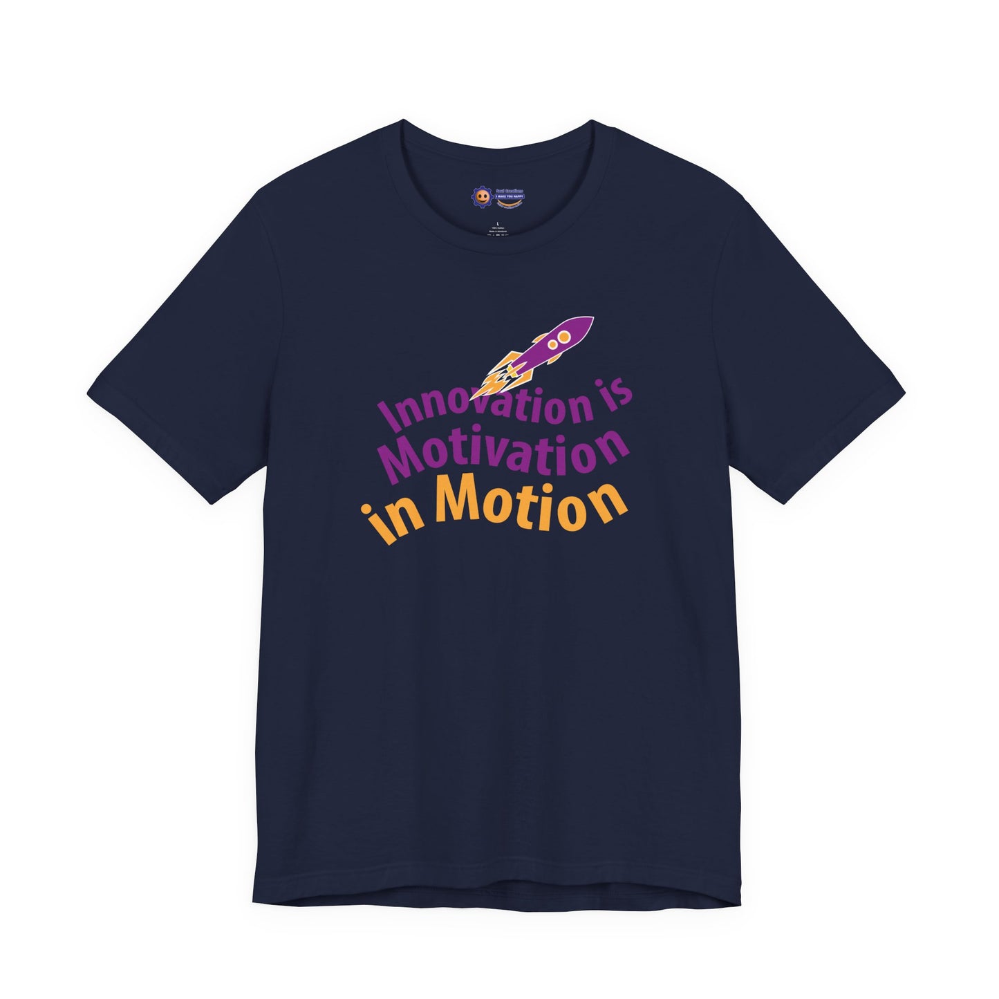 Navy blue t-shirt with 'Innovation is Motivation in Motion' text and rocket graphic on a white background
