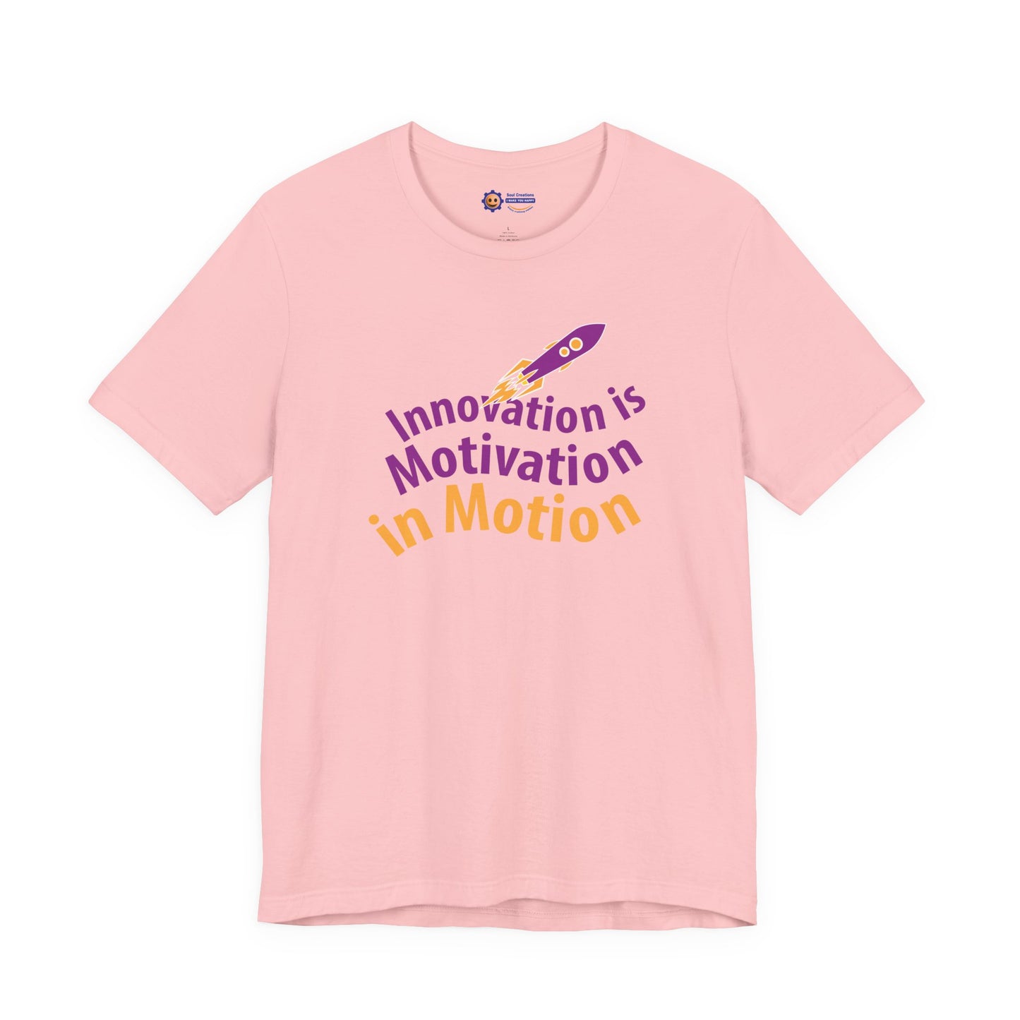 Pink t-shirt with 'Innovation is Motivation in Motion' text and graphic on a white background