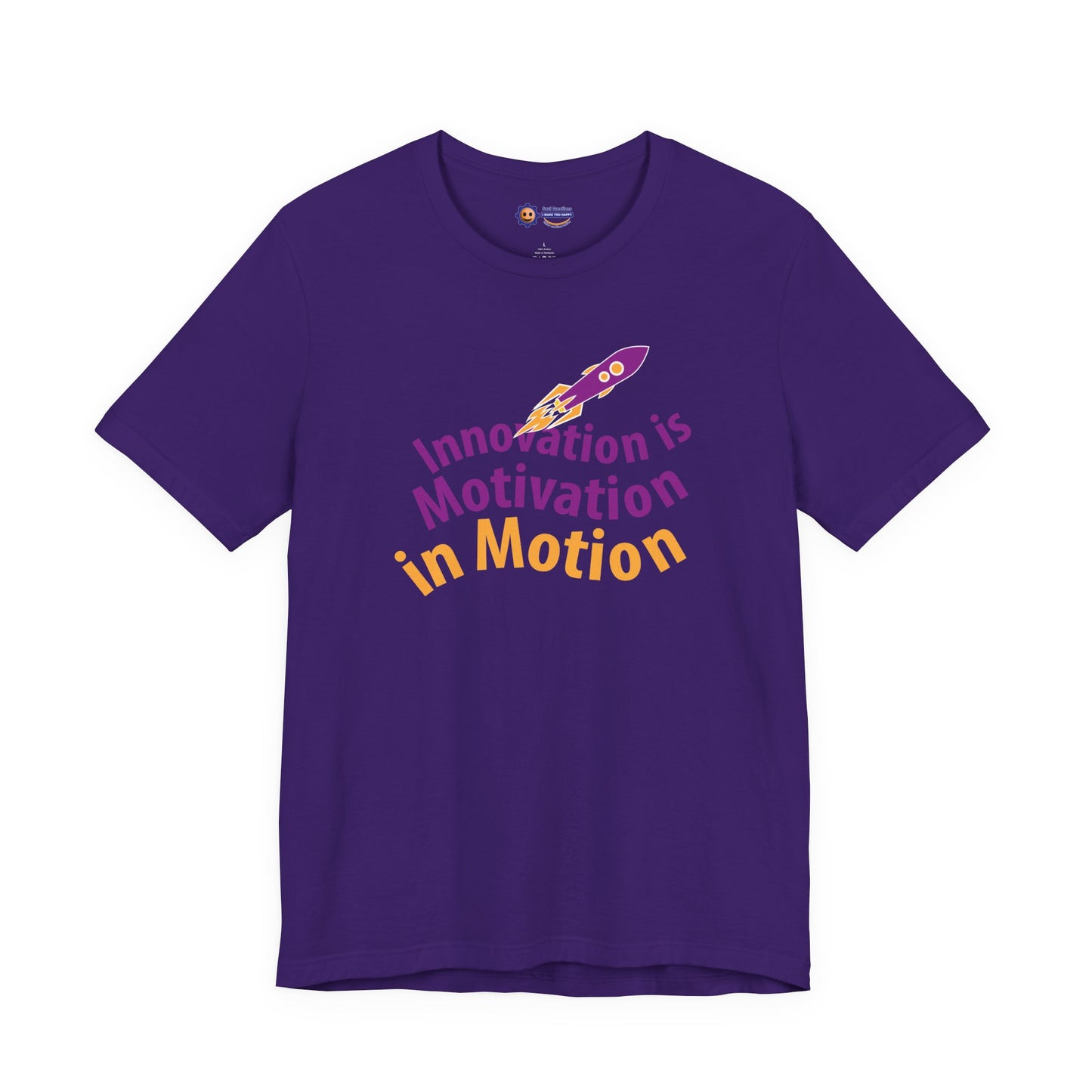 Purple t-shirt with 'Innovation is Motivation in Motion' text and rocket graphic on a white background