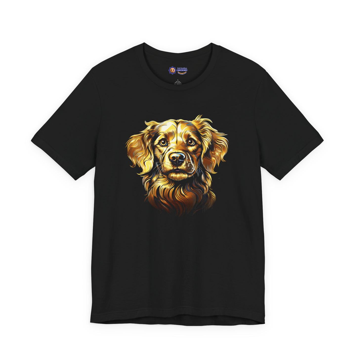 Black t-shirt with a golden retriever design on a white background
