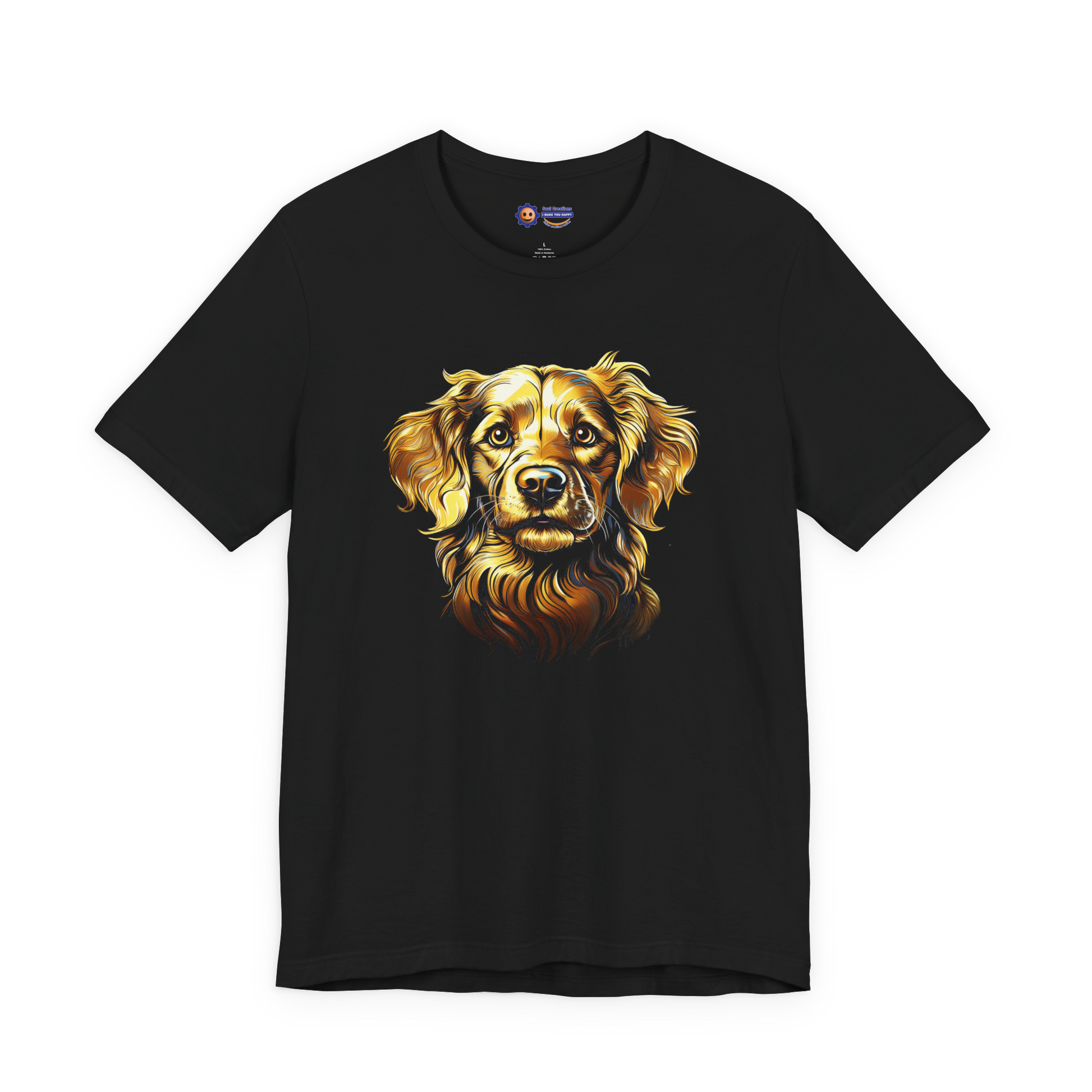 Black t-shirt with a golden retriever design on a white background