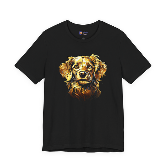 Black t-shirt with a golden retriever design on a white background