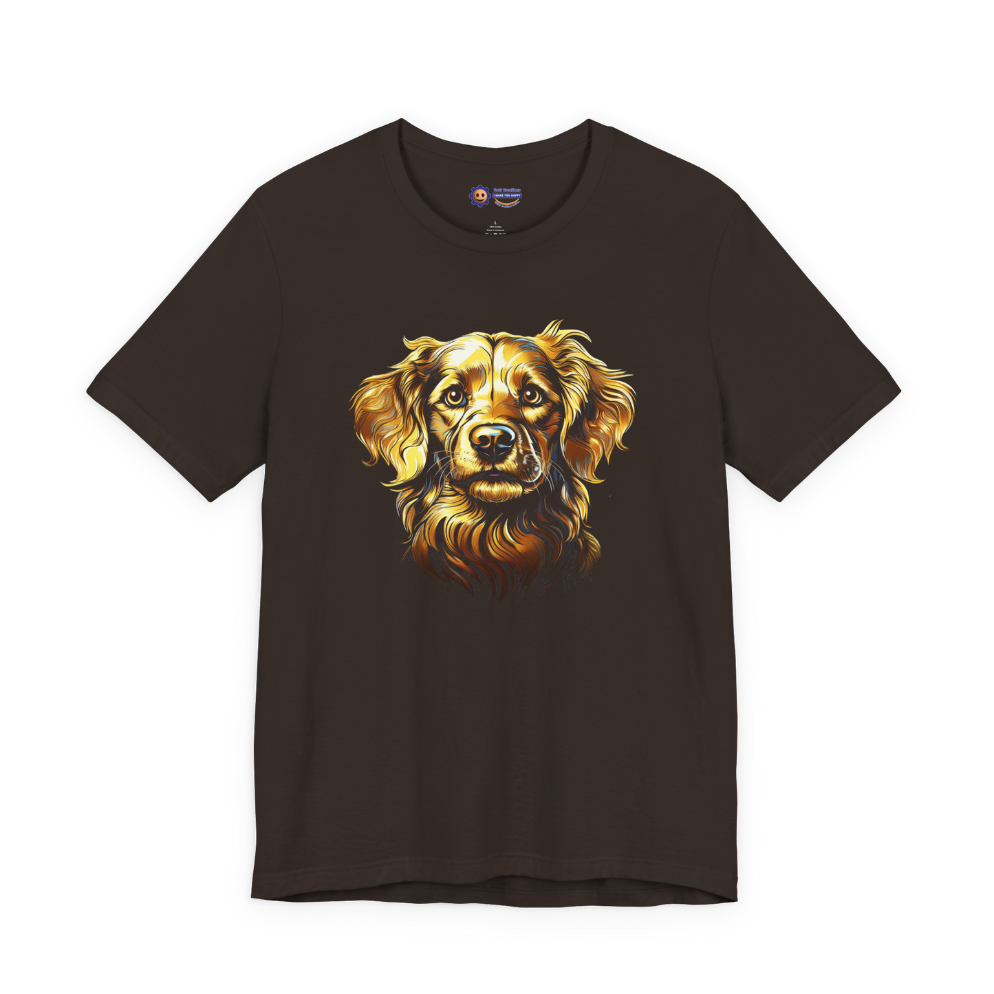 “Brown premium T‑shirt featuring a vibrant golden retriever illustration in warm artistic tones, symbolizing joy, loyalty, and confidence.