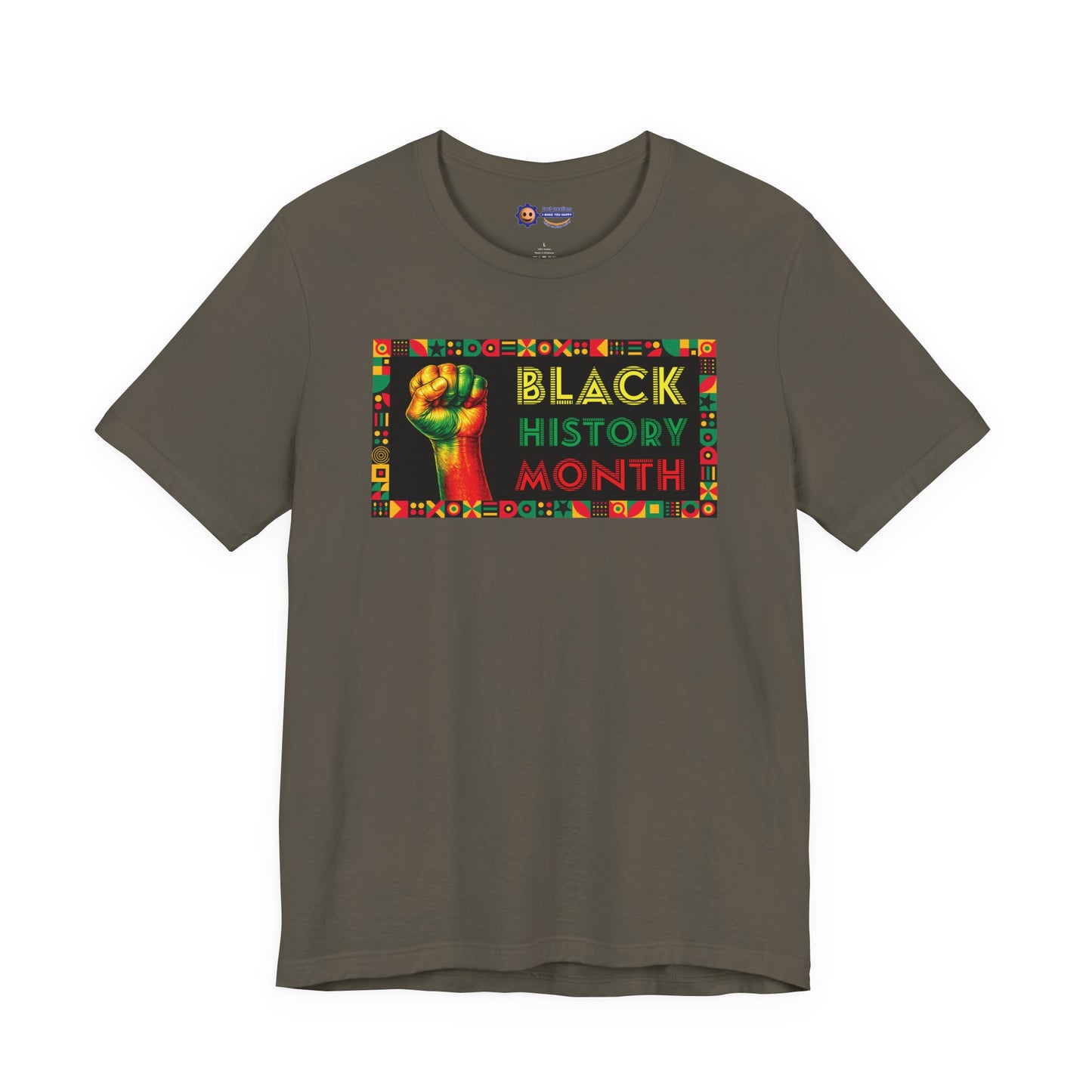 Army t-shirt with 'Black History Month' design featuring a raised fist on a white background