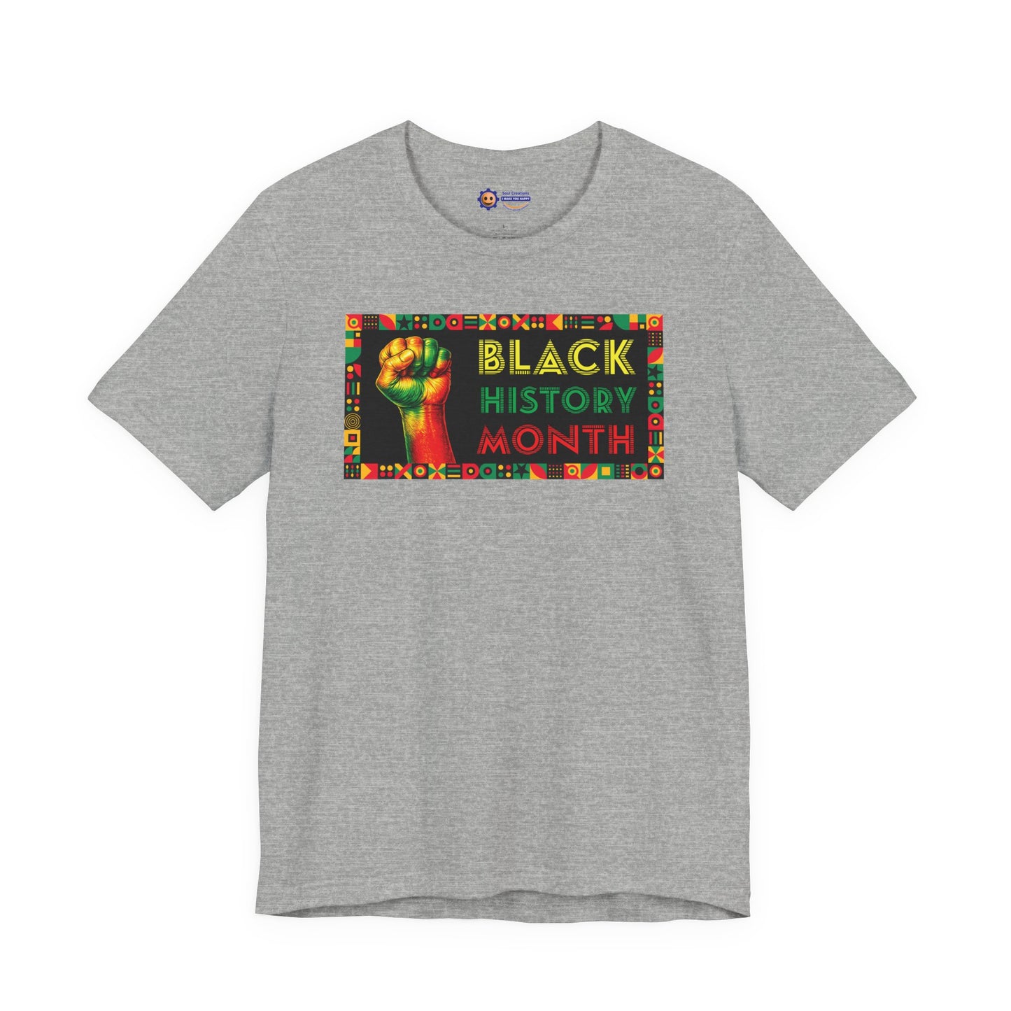 Athletic Heather t-shirt with 'Black History Month' graphic featuring a raised fist on a white background