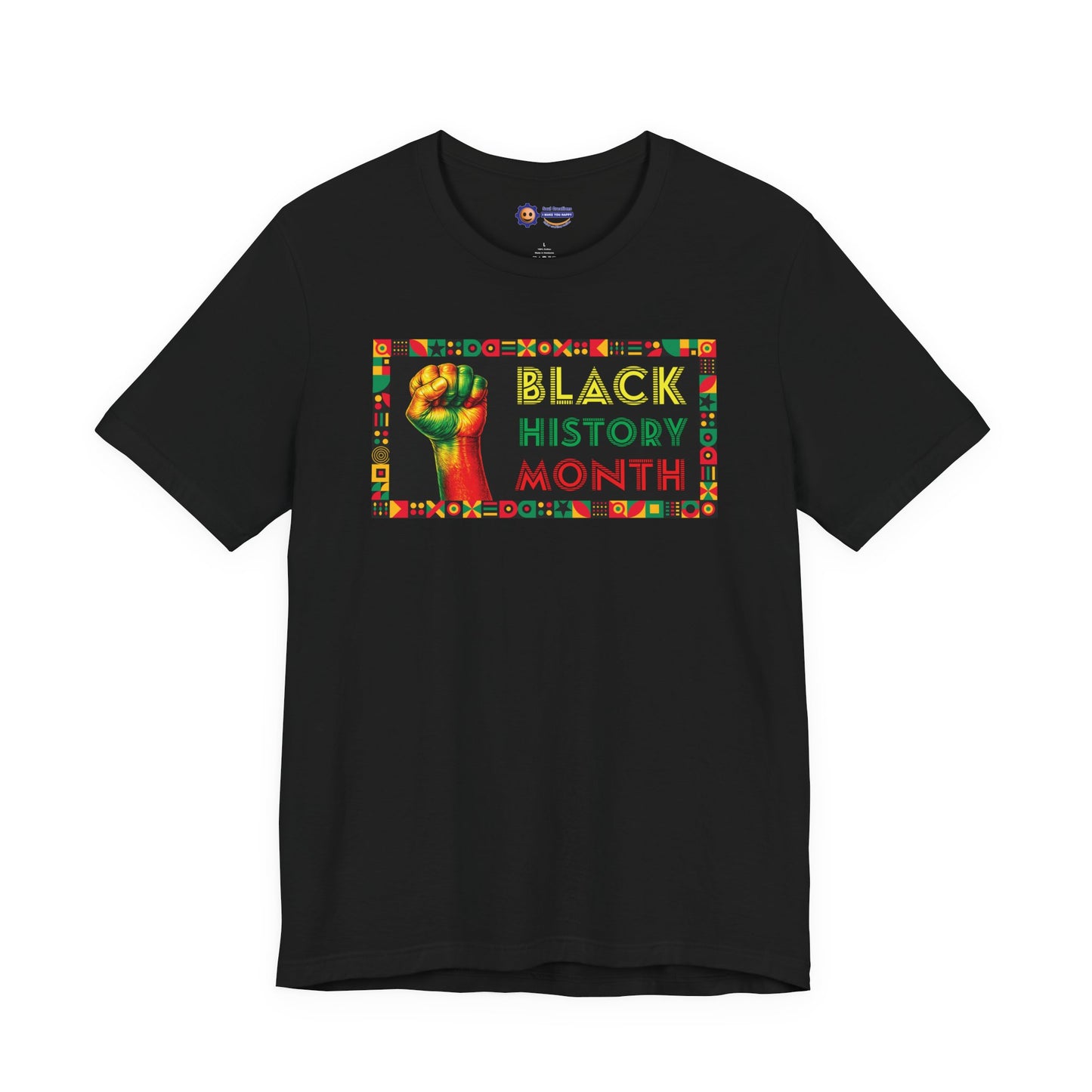 Black t-shirt with 'Black History Month' design featuring a raised fist on a white background