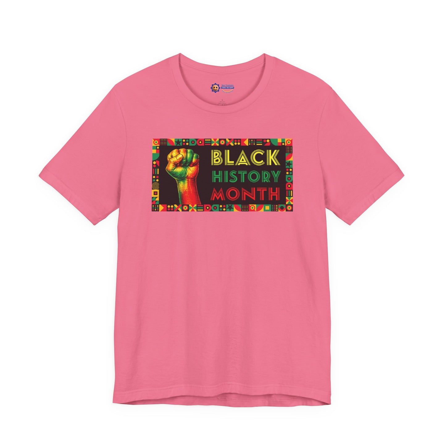 Charity Pink t-shirt with 'Black History Month' design featuring a raised fist on a white background