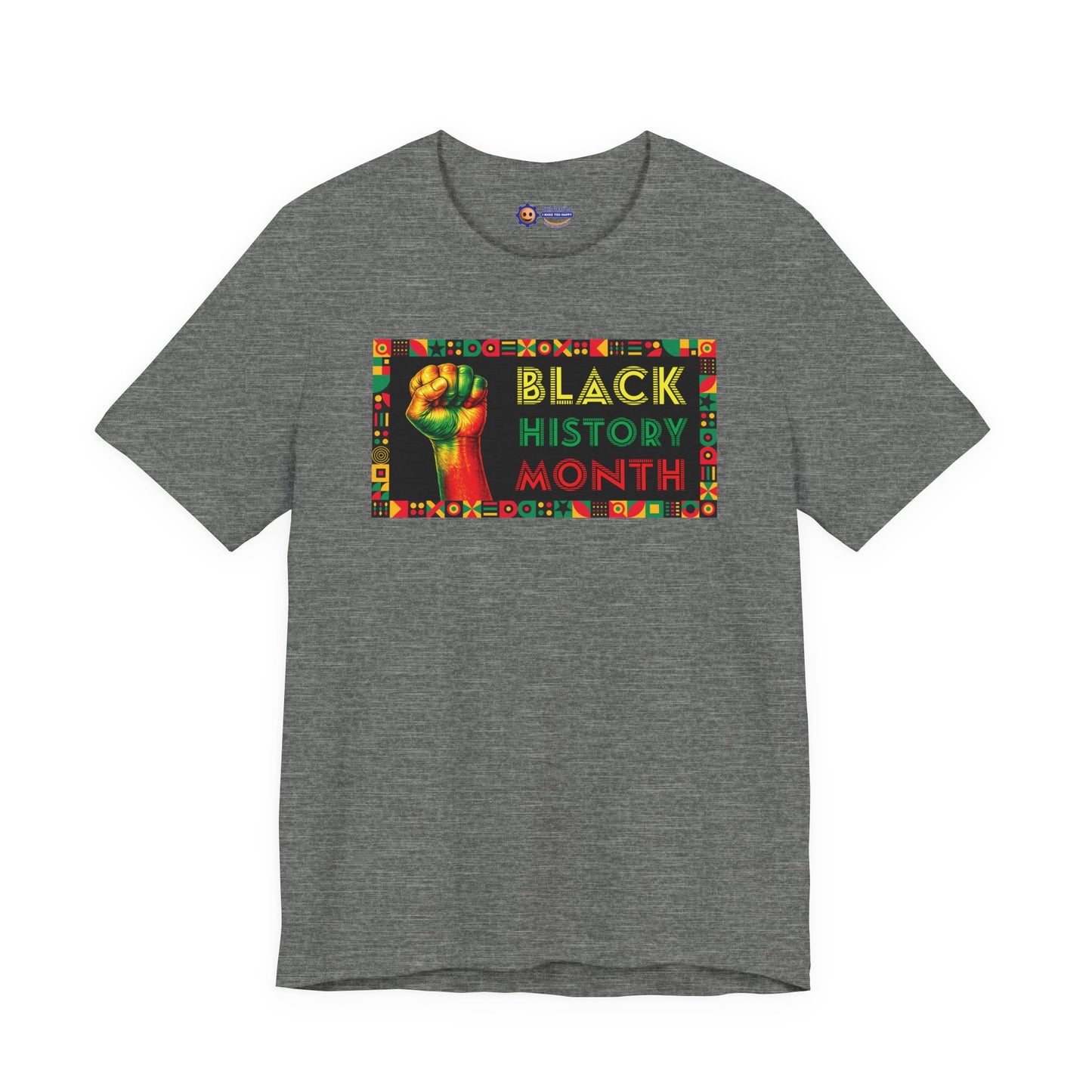 Deep Heather t-shirt with 'Black History Month' design featuring a raised fist on a white background