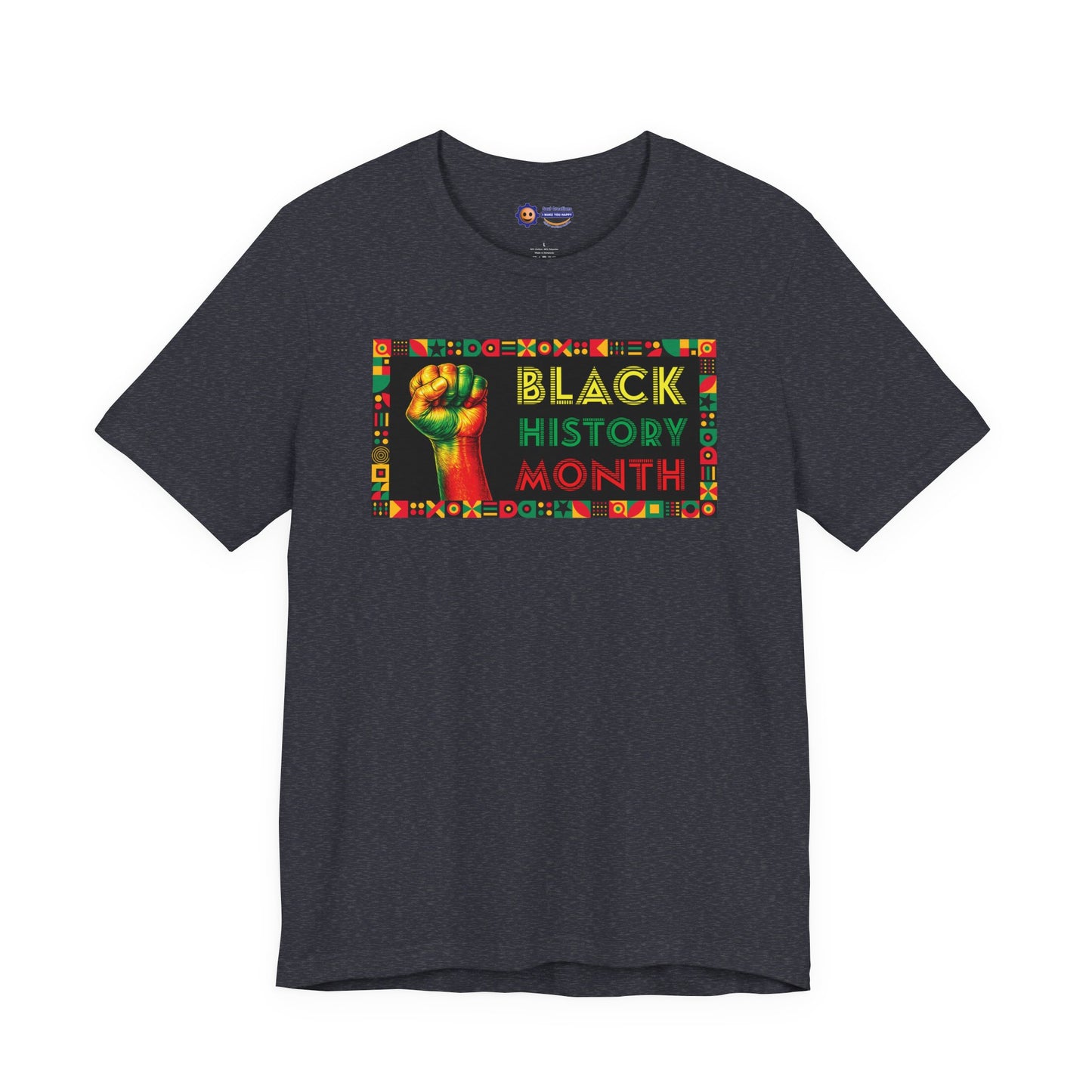 Dark Grey t-shirt with 'Black History Month' graphic featuring a raised fist on a white background
