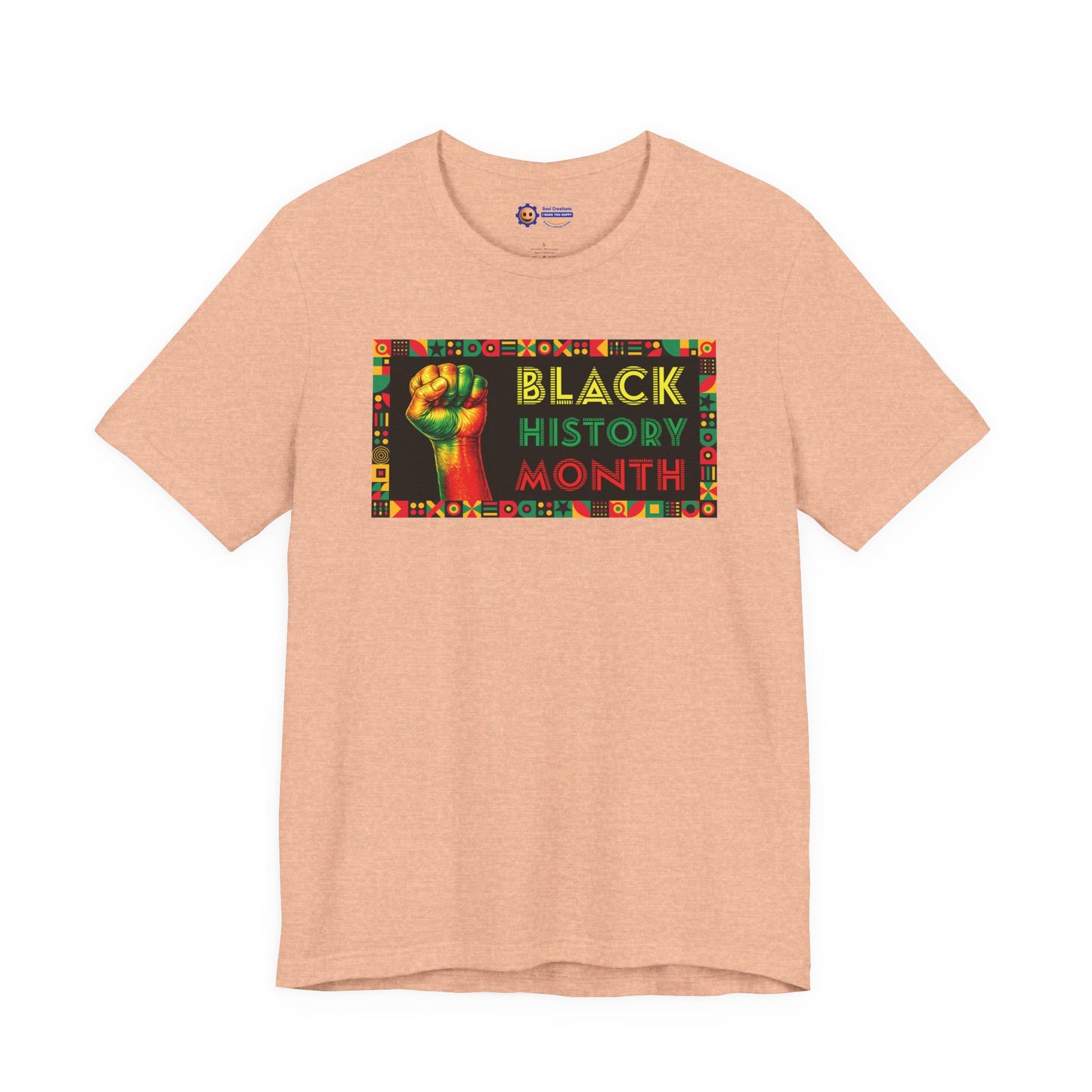 Heather Peach t-shirt with 'Black History Month' design featuring a raised fist on a white background