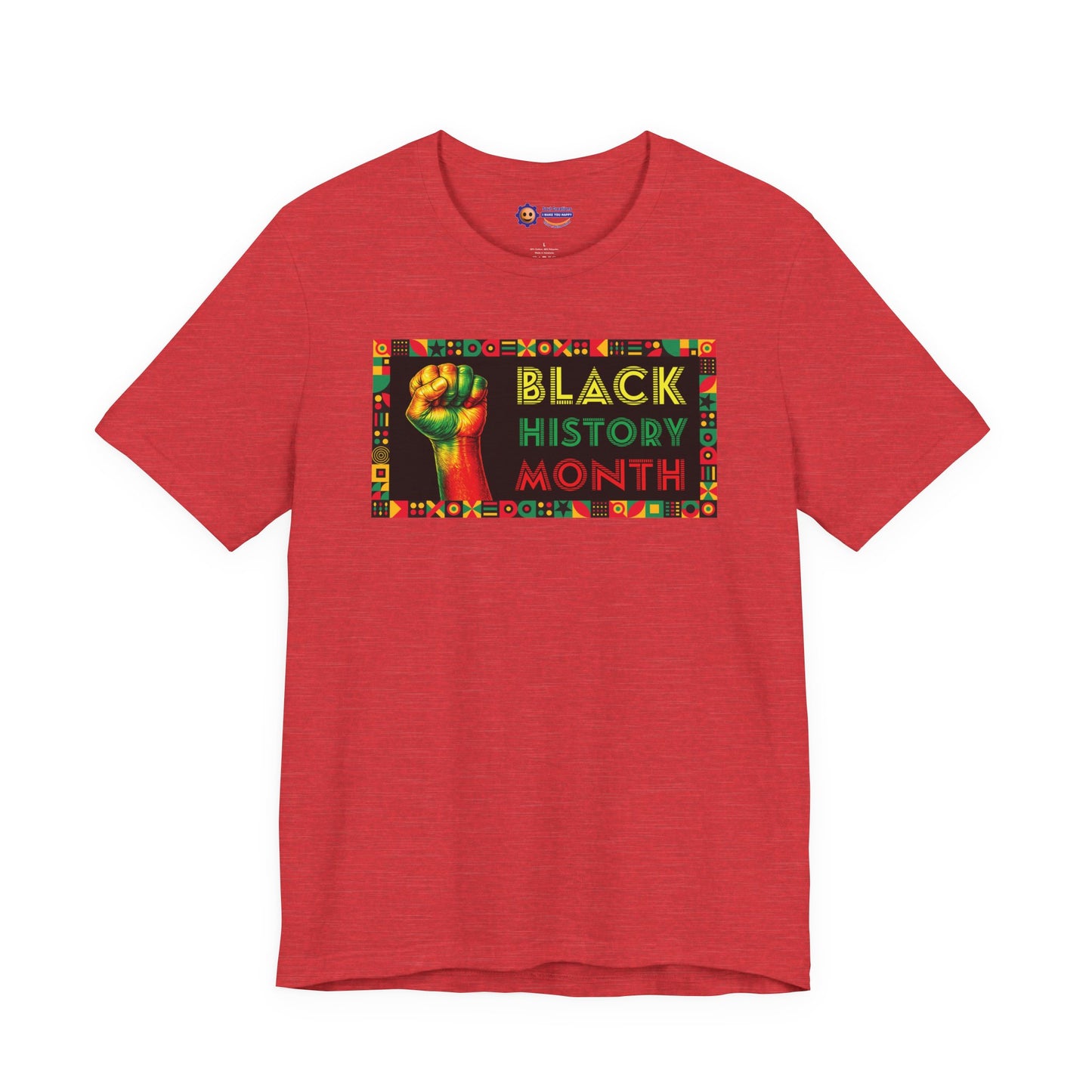 Heather Red t-shirt with 'Black History Month' graphic on a white background
