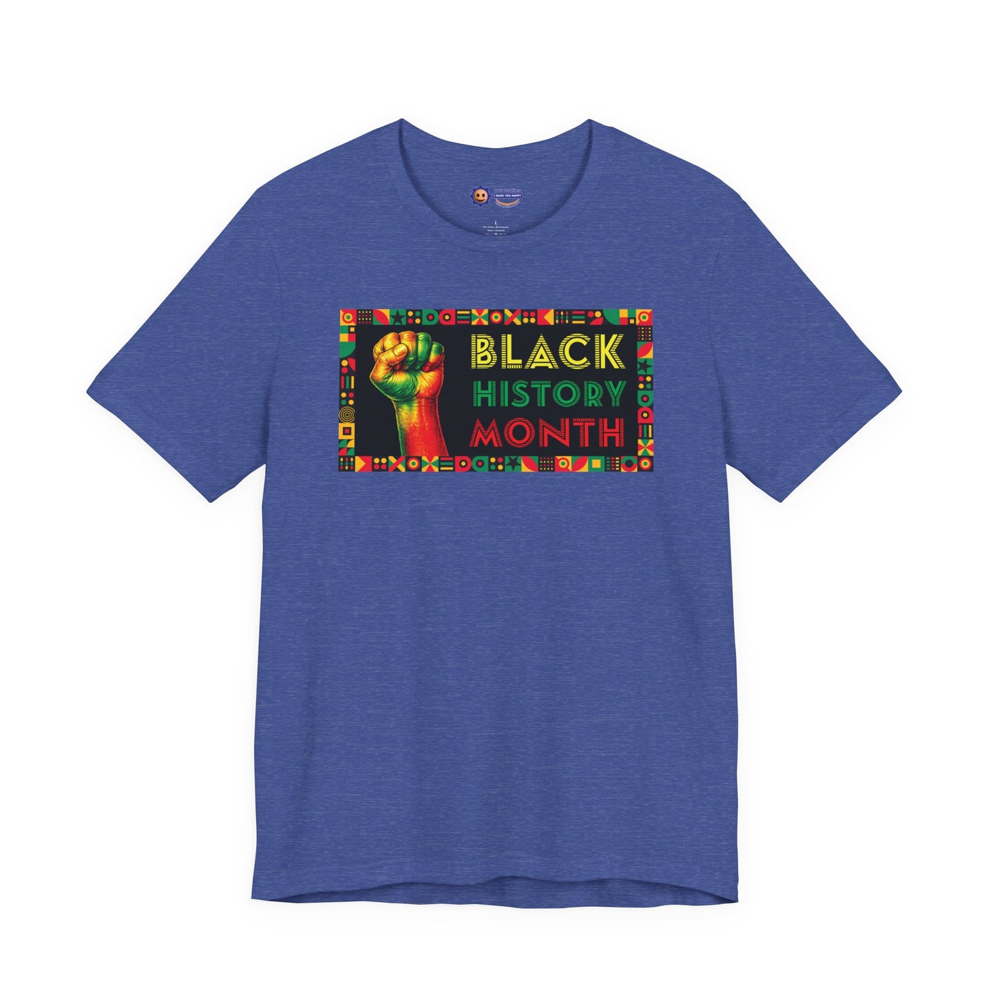 Heather true Royal t-shirt with 'Black History Month' design featuring a raised fist on a white background