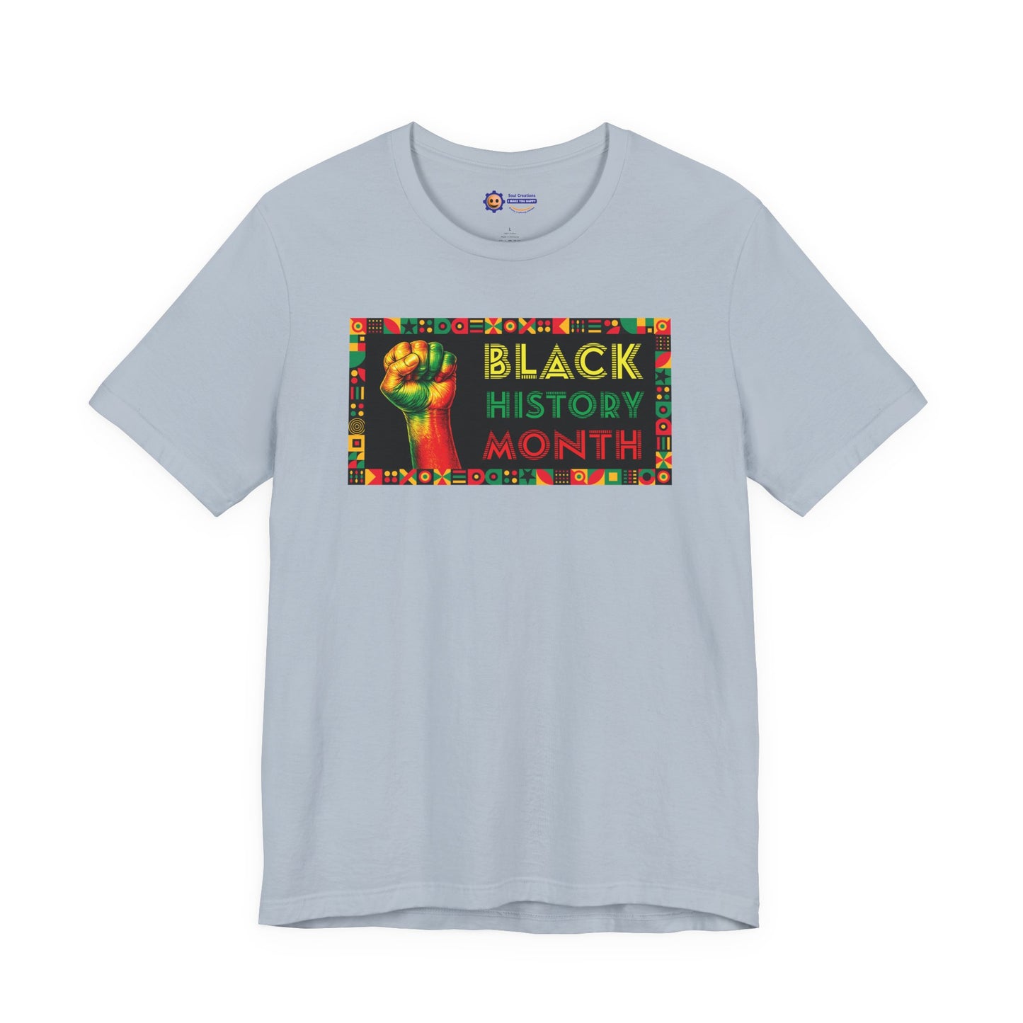 Light Blue t-shirt with 'Black History Month' graphic featuring a raised fist on a white background