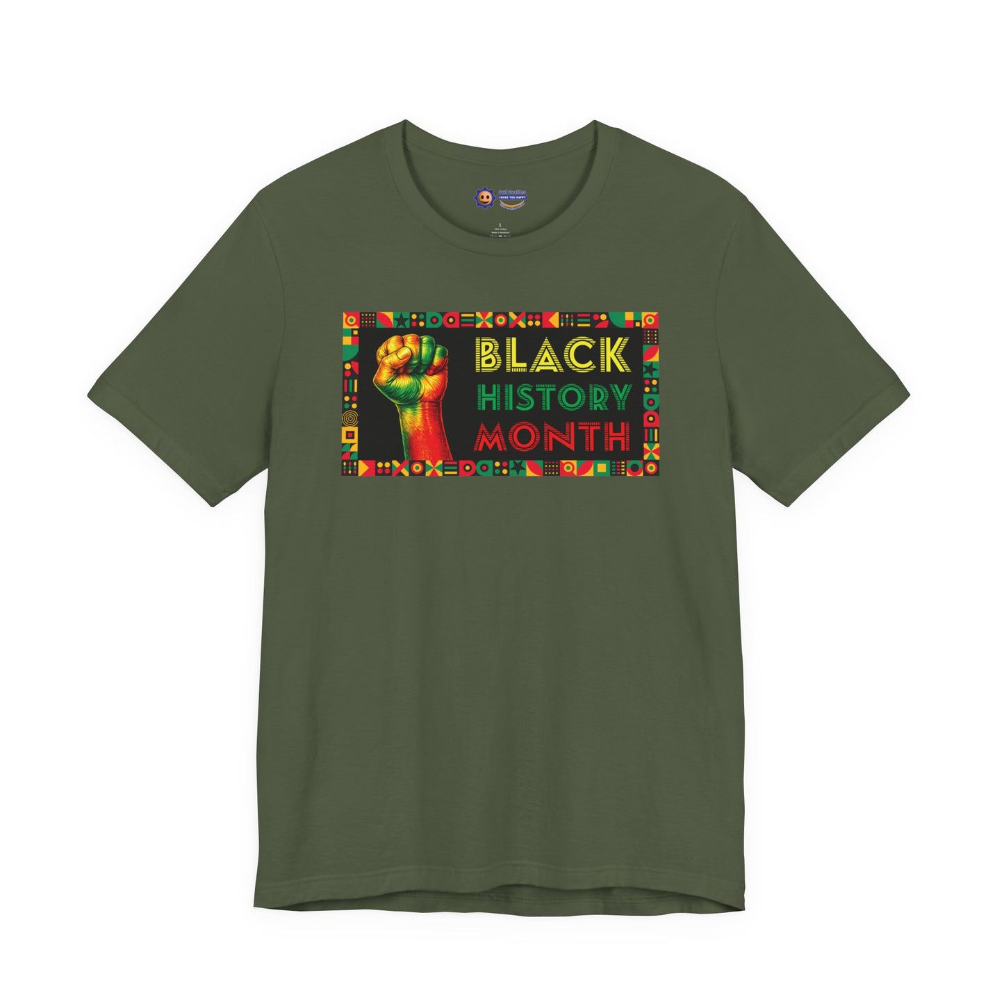 Military Green t-shirt with 'Black History Month' design featuring a raised fist on a white background