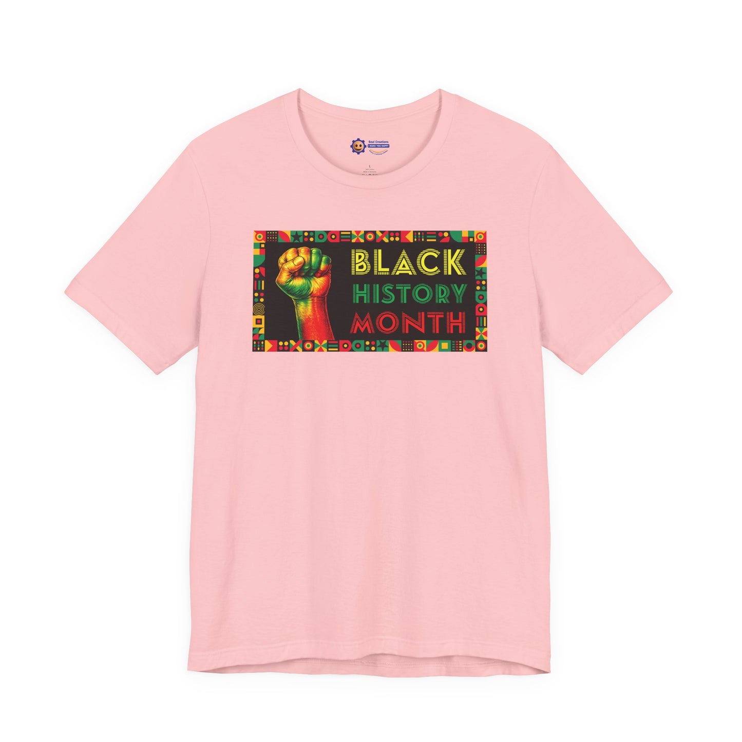Pink t-shirt with 'Black History Month' design featuring a raised fist on a white background