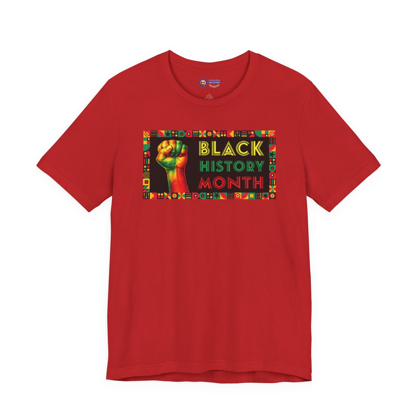 Red t-shirt with 'Black History Month' design featuring a raised fist on a white background