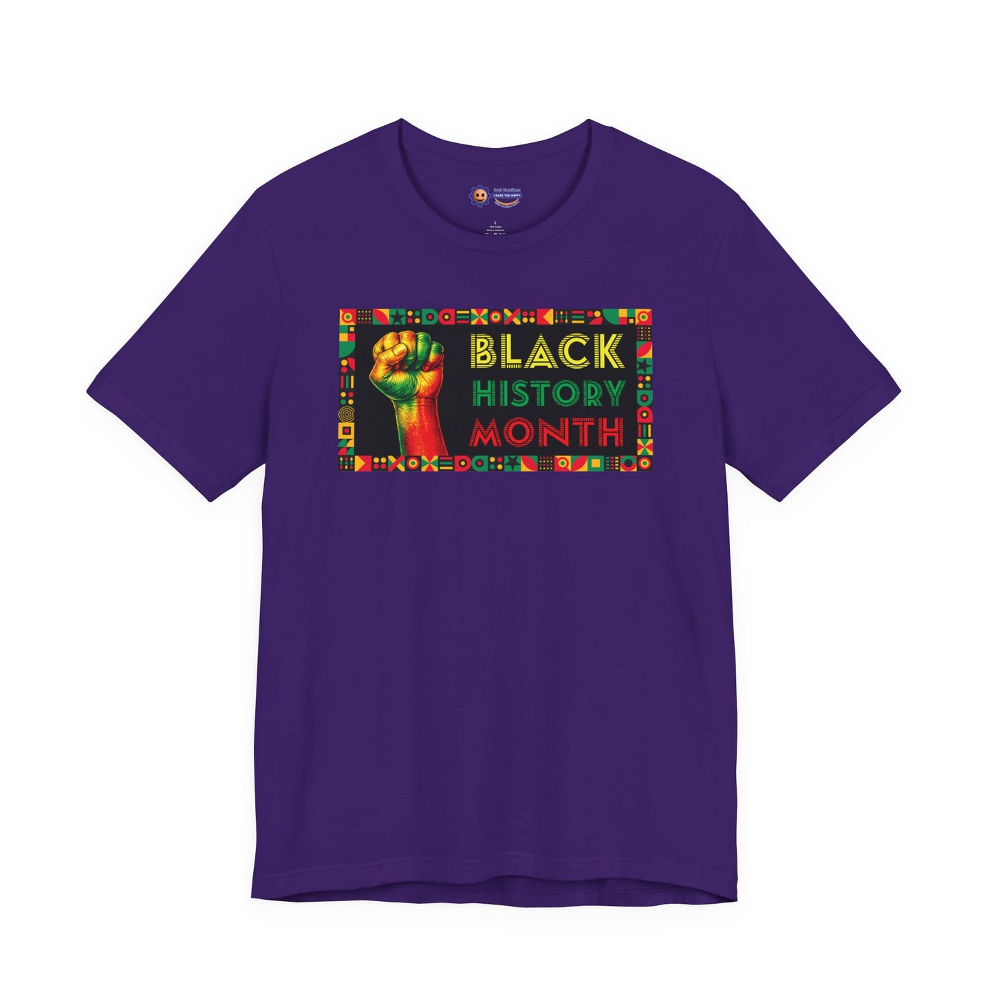 Team Purple t-shirt with 'Black History Month' design featuring a raised fist and colorful pattern on a white background.