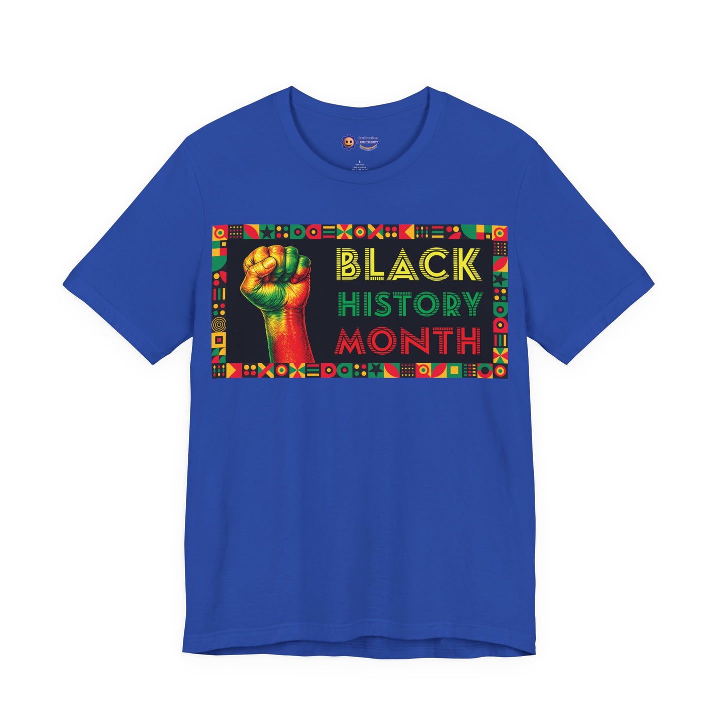 True Royal Blue t-shirt with 'Black History Month' design featuring a raised fist and colorful patterns on a white background.