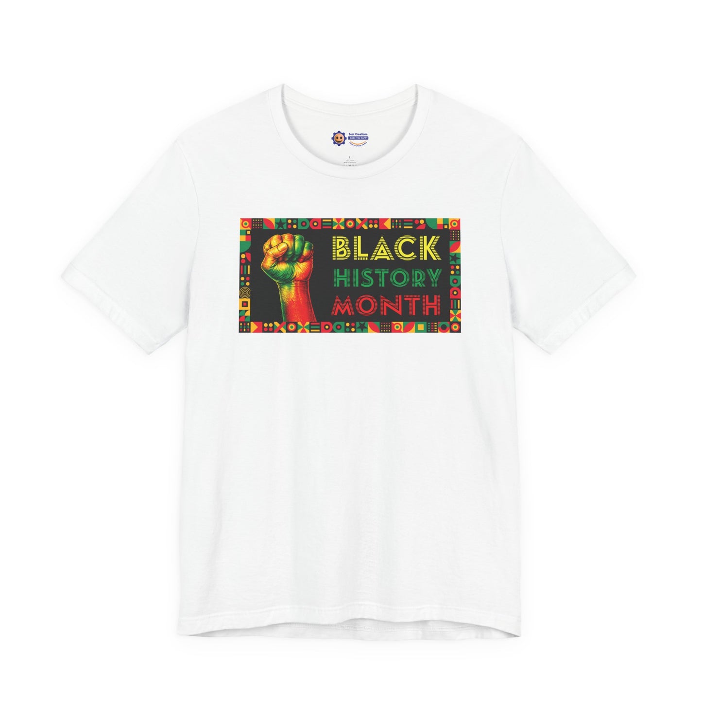 White t-shirt with 'Black History Month' graphic on a white background