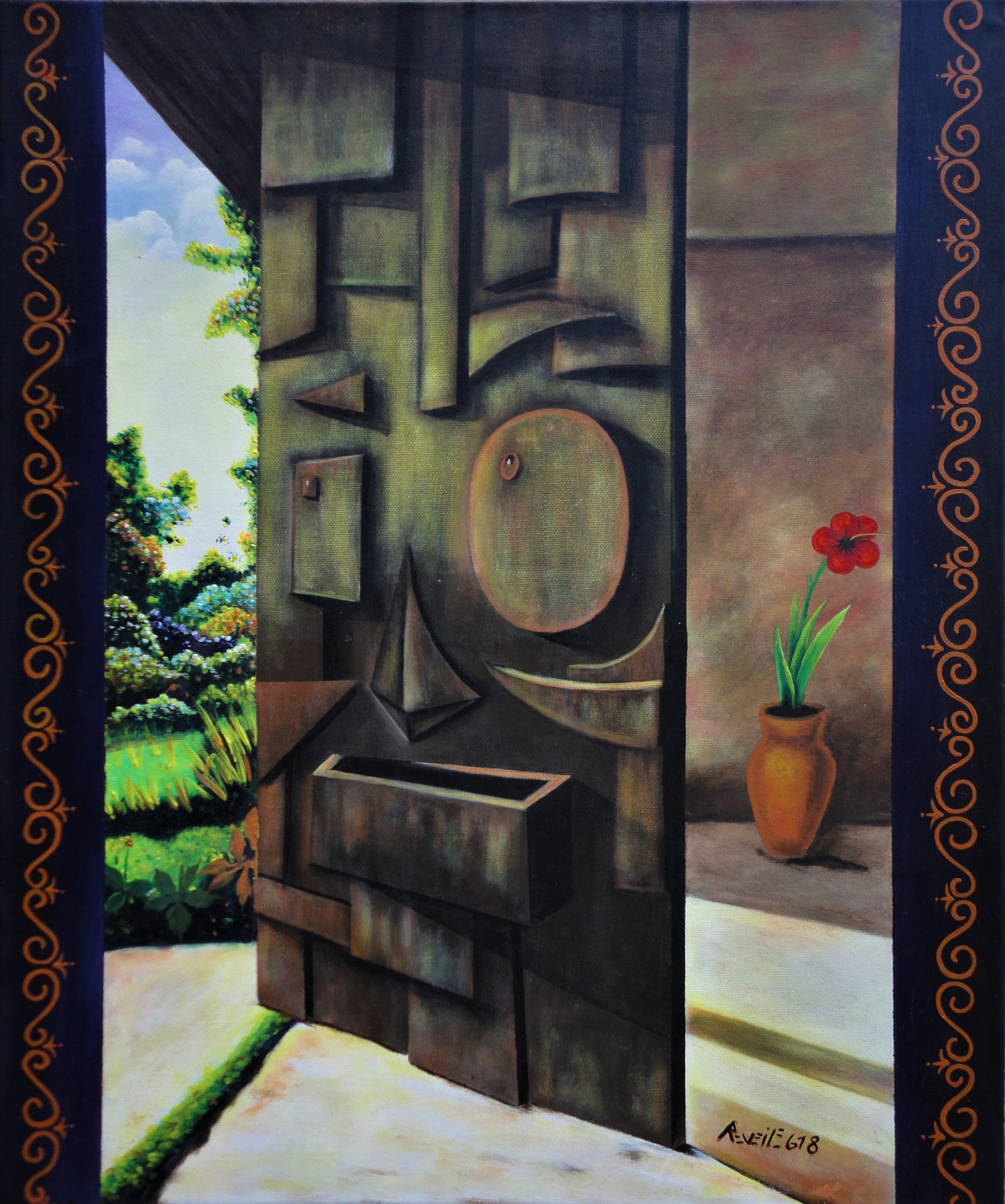 Abstract artwork with geometric shapes and a garden scene, signed Reveil Enol 2018'.