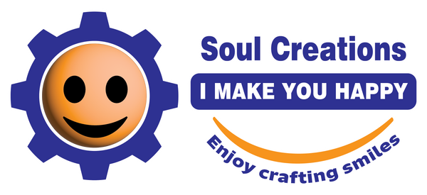 Logo of Soul Creations with a smiley face inside a gear and text 'I MAKE YOU HAPPY'.